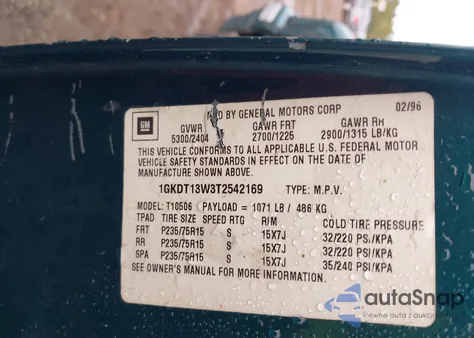 1996 GMC Jimmy z USA, uszkodzony, nr VIN 1GKDT13W3T2542169